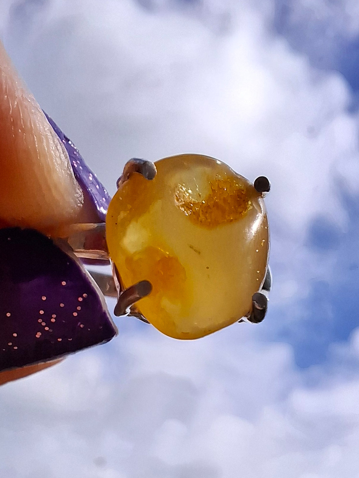 Baltic Amber Ring, size large L, 925 Silver, Fossil (Ref: AR2)