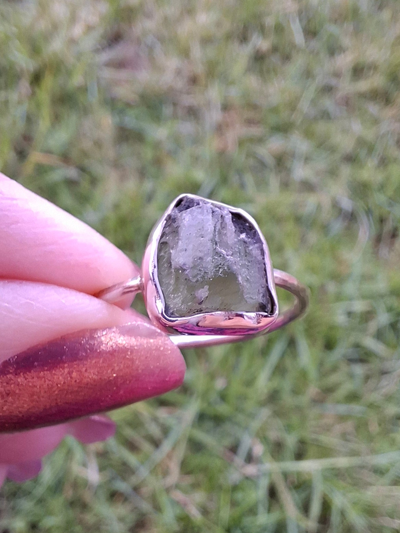 Moldavite Ring, size small U, 925 Silver, Tektite (Ref: R29)