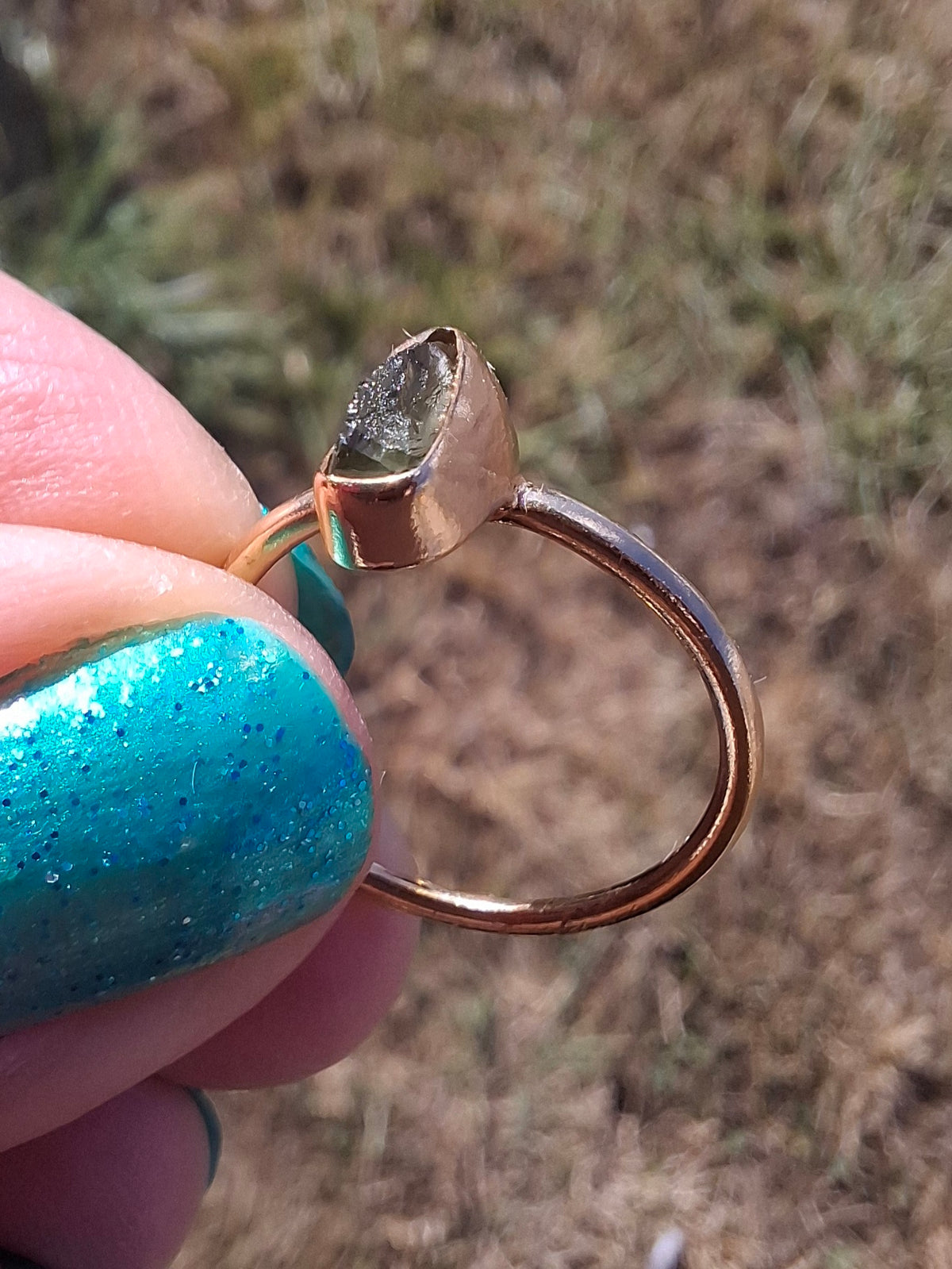 Moldavite Ring, 14K GOLD Plated, size large K / small L, Tektite (Ref: R335)