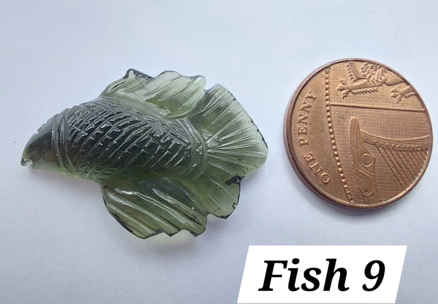 Moldavite FISH carving, (flat back), 3.29g, Tektite (Ref: Fish9)