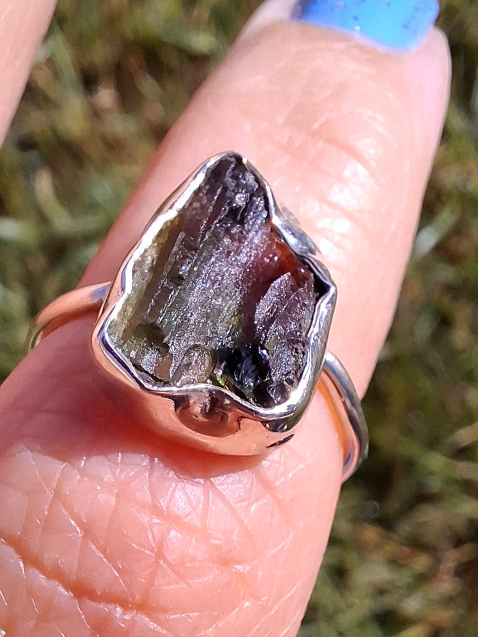 Moldavite Ring, size large N, 925 Silver, Tektite (Ref: R25)