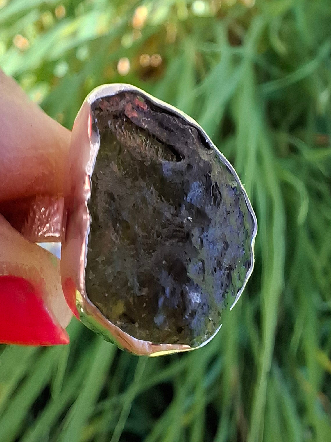 Moldavite Ring, size O, 925 Silver, Tektite (Ref: R311)