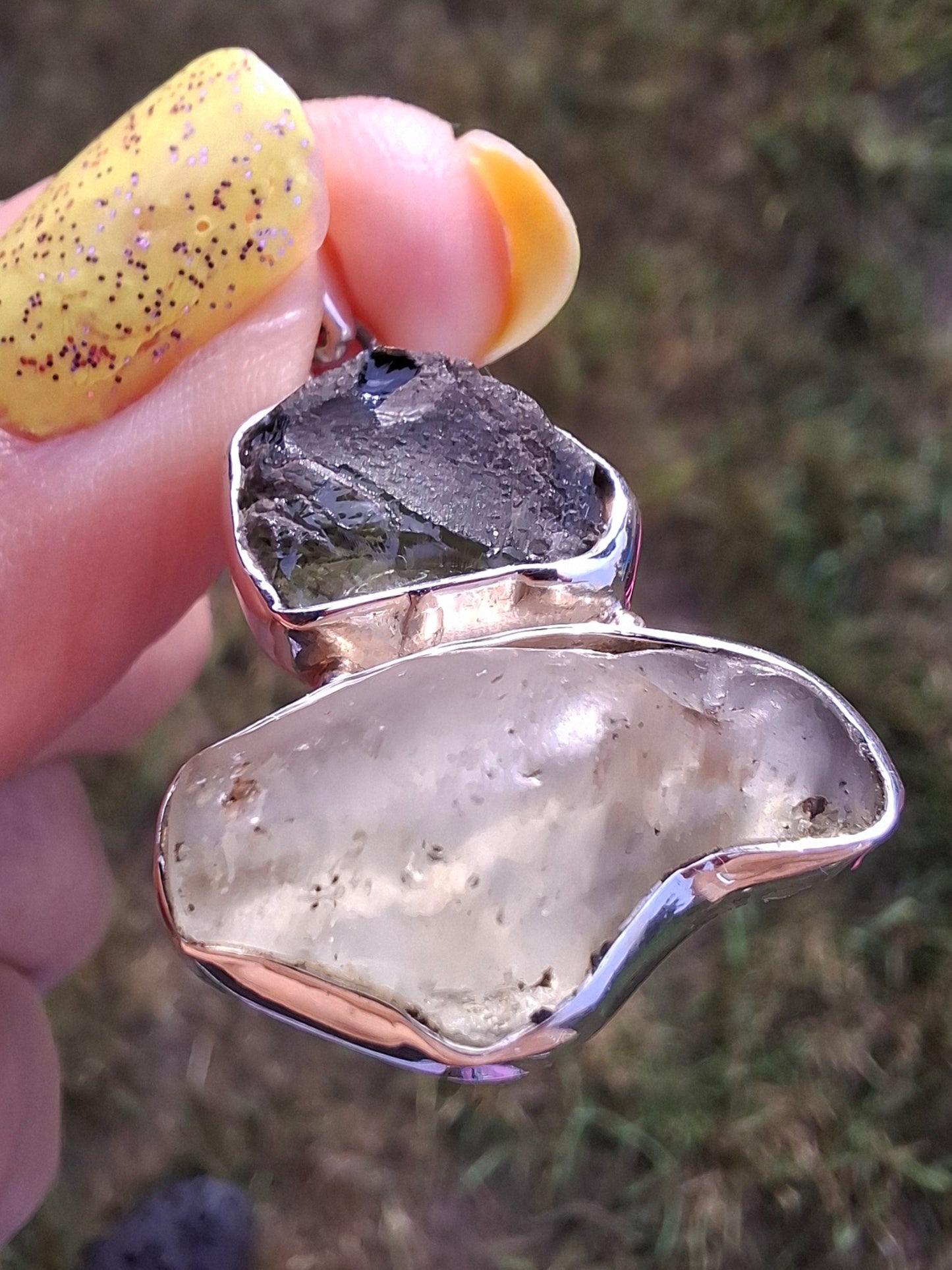 Moldavite & Libyan Desert Glass Pendant, 925 Silver, Tektite (Ref: MLP10)