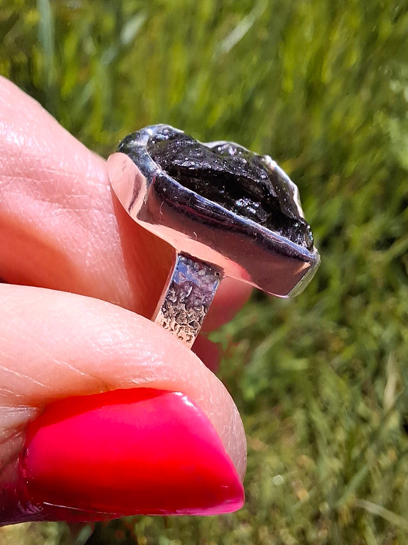 Moldavite Ring, size large M/small N, 925 Silver, Tektite (Ref: R309)