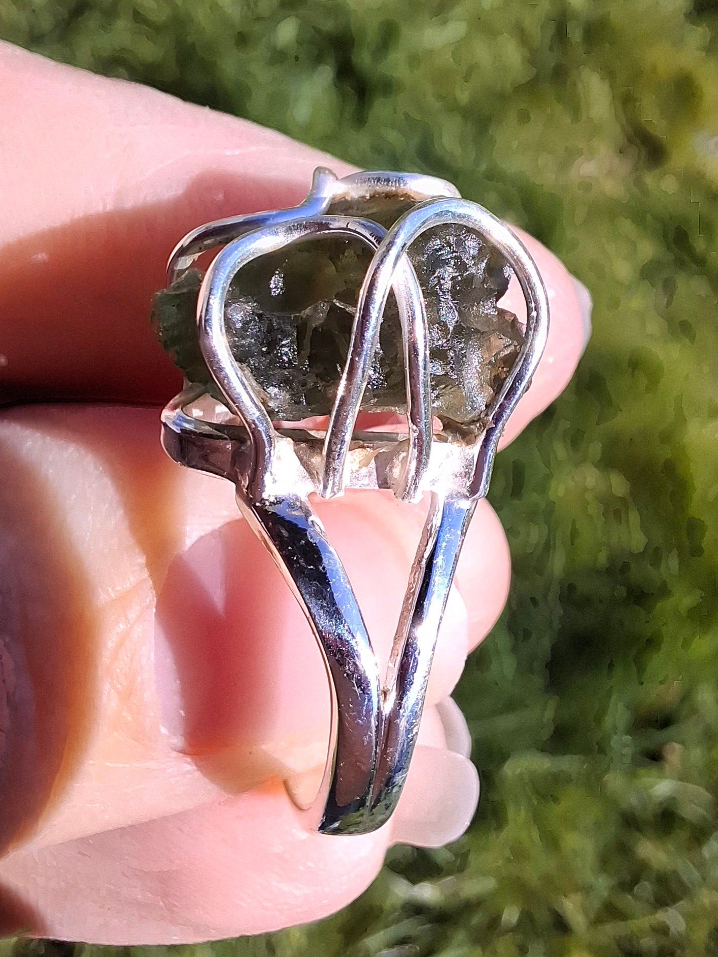 Moldavite Ring, size O, 925 Silver, Tektite (Ref: R7)