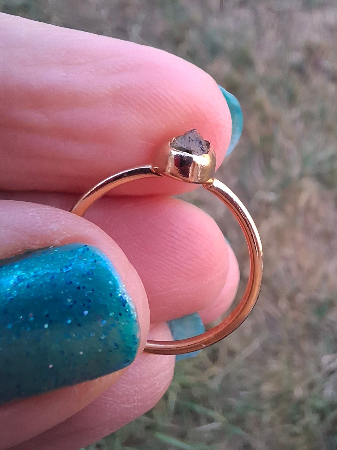 Moldavite Ring, 14K GOLD Plated, size small L, Tektite (Ref: R342)