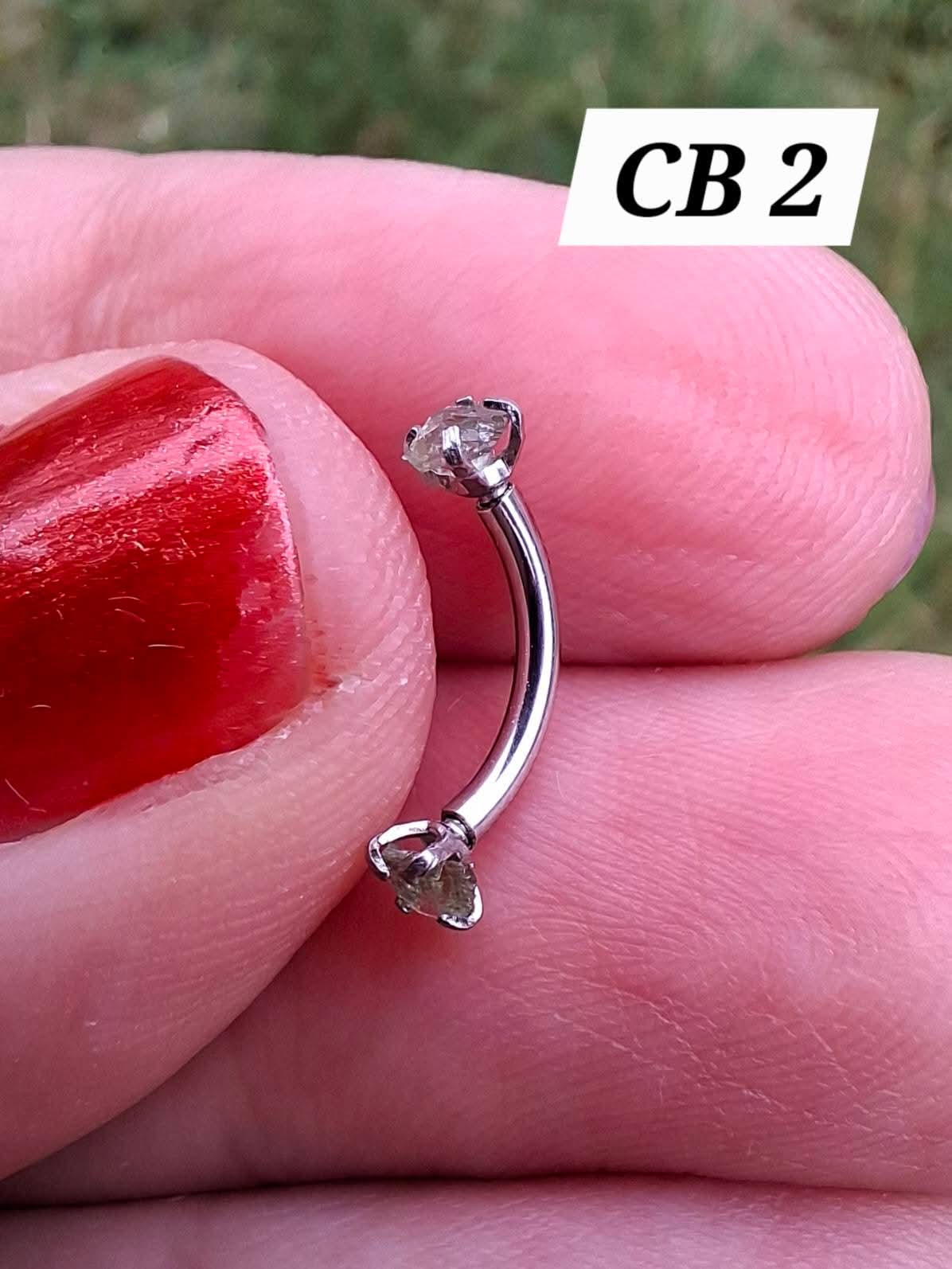 Moldavite (raw) CURVED BARBELL eyebrow body bar, 16G, Surgical steel, Tektite (Ref: CB2)