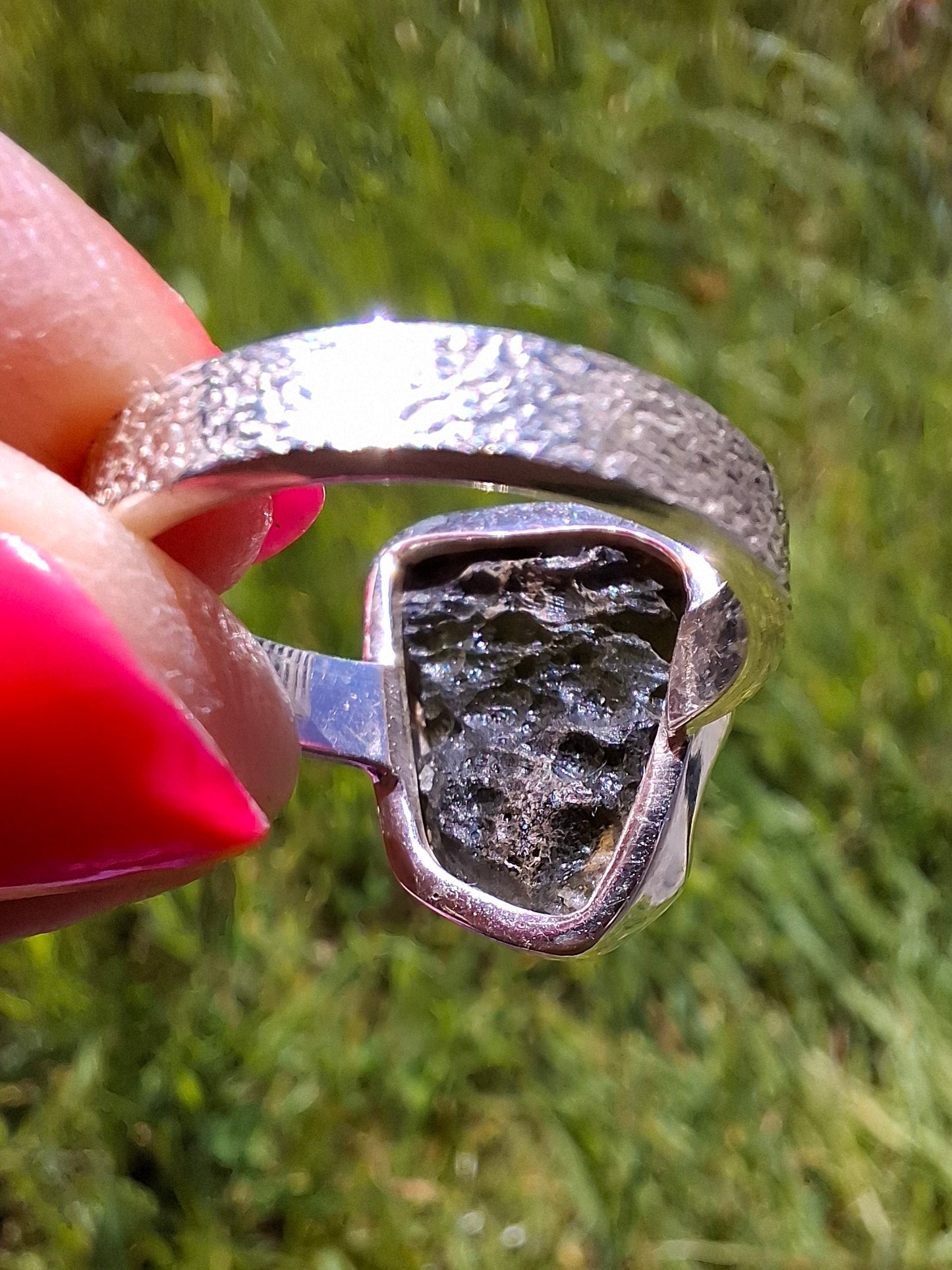 Moldavite Ring, size large M/small N, 925 Silver, Tektite (Ref: R309)