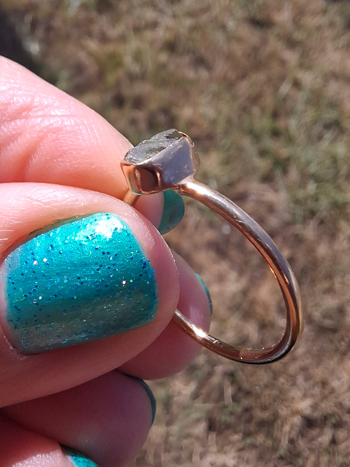Moldavite Ring, 14K GOLD Plated, size large M, Tektite (Ref: R337)