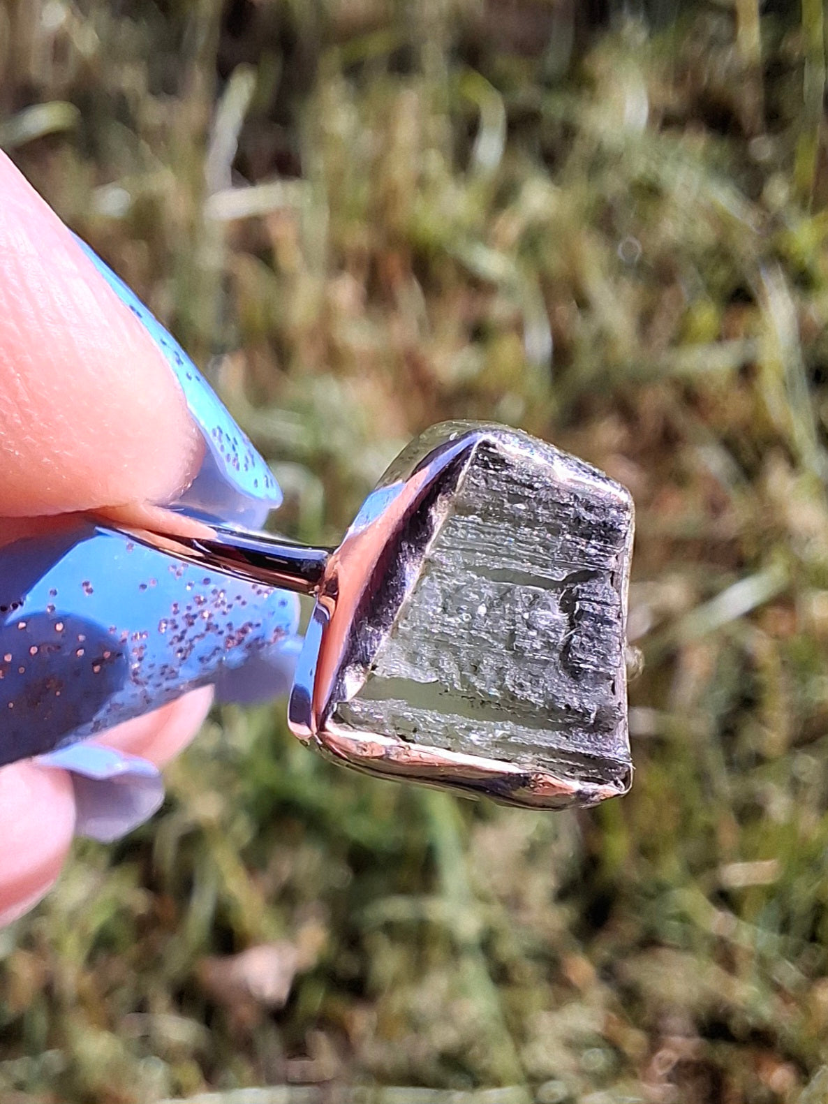 Moldavite Ring, size large P/small Q, 925 Silver, Tektite (Ref: R26)