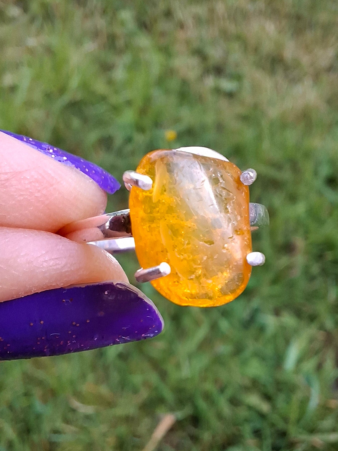 Baltic Amber Ring, size large N, 925 Silver, Fossil (Ref: AR9)