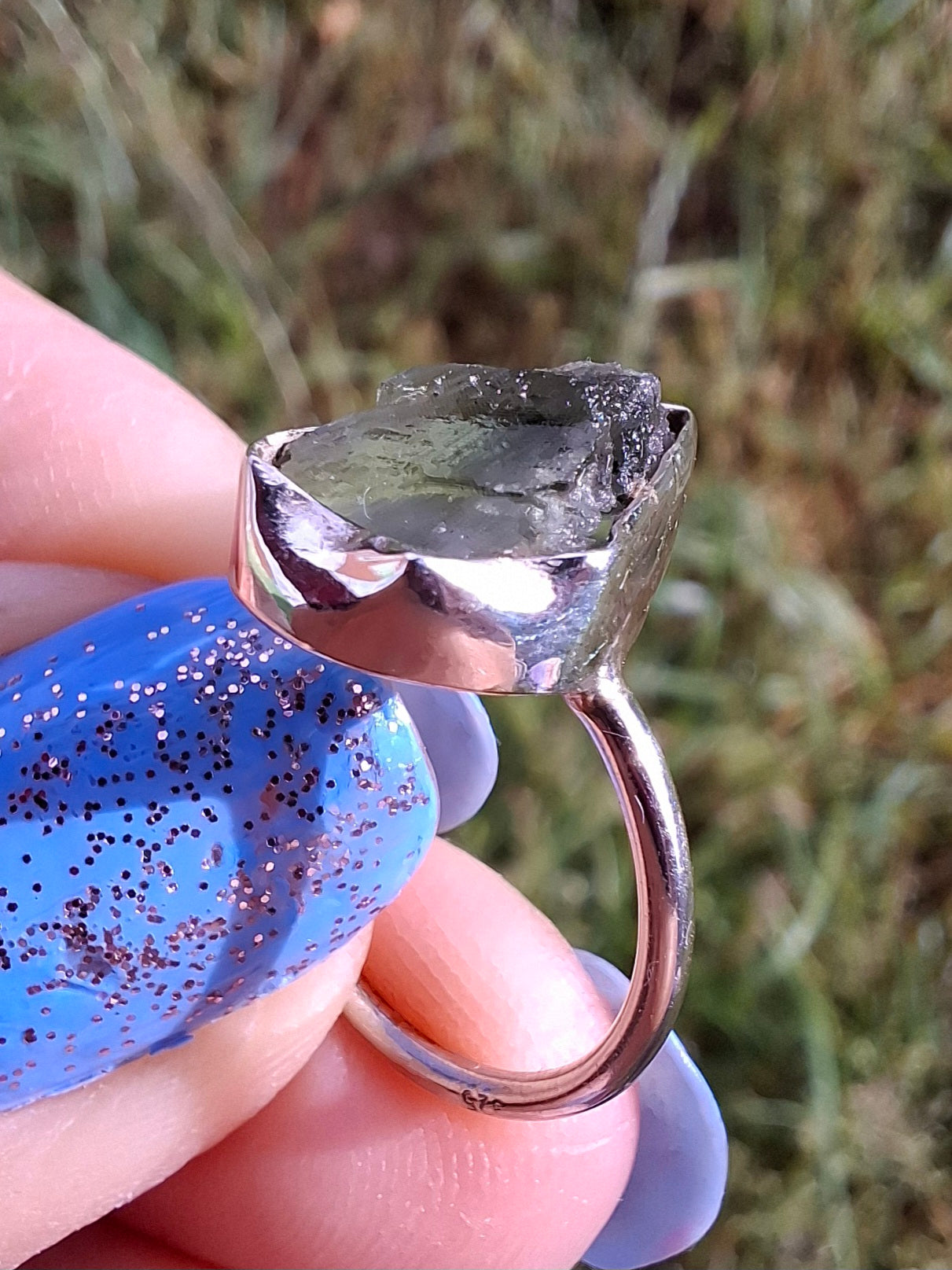 Moldavite Ring, size large G/small H, 925 Silver, Tektite (Ref: R19)