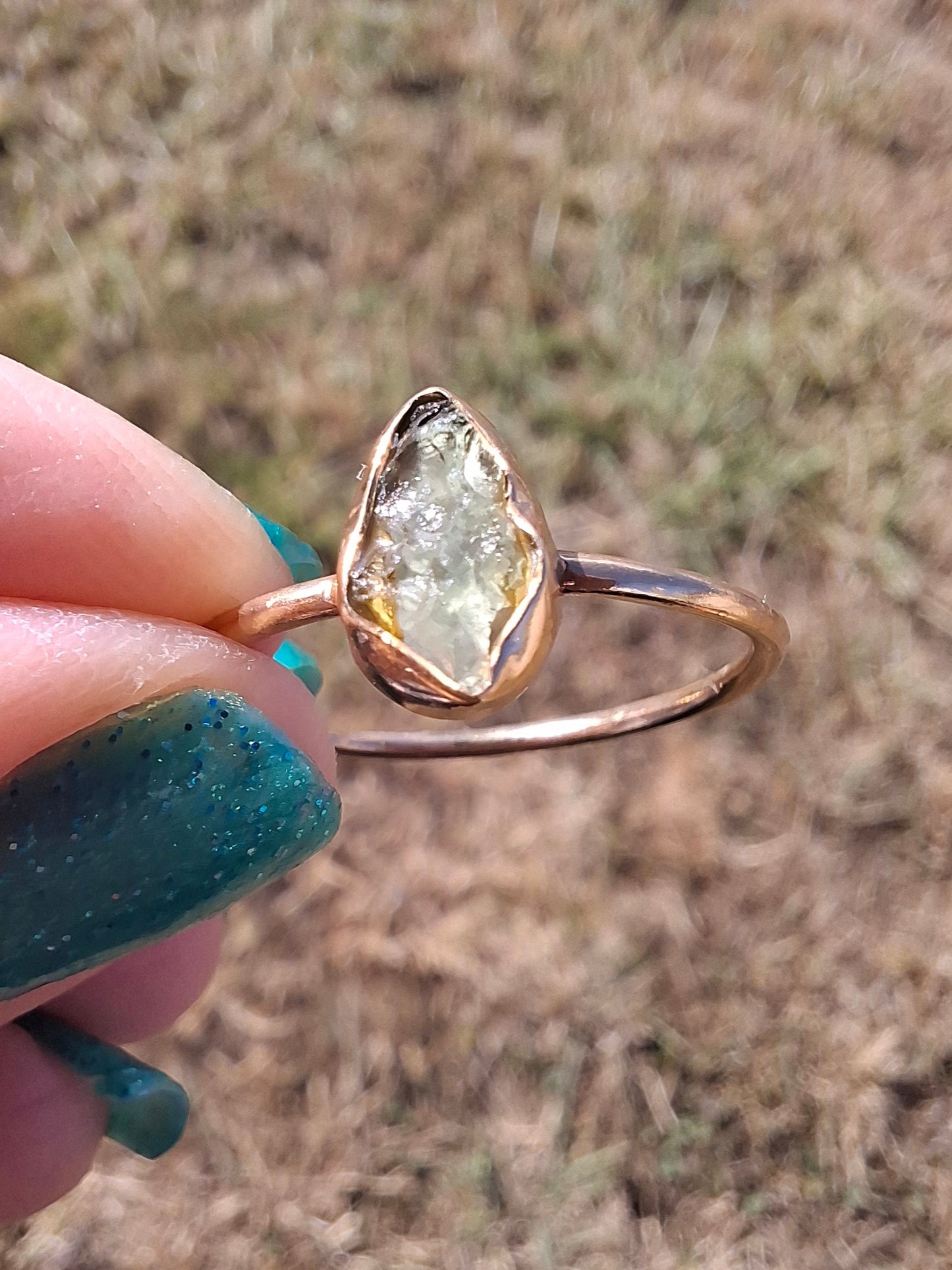 Moldavite Ring, 14K GOLD Plated, size large T, Tektite (Ref: R347)