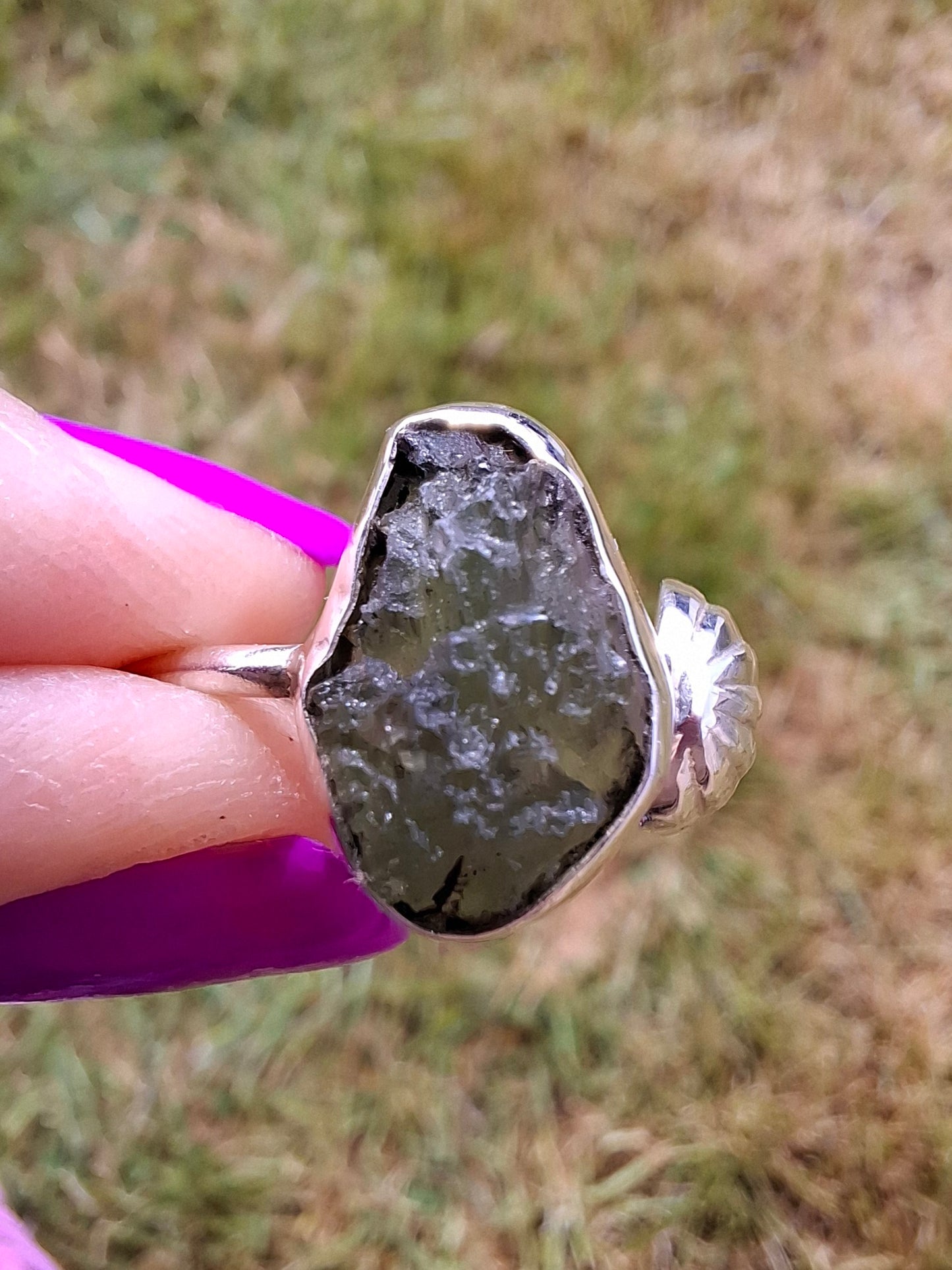 Moldavite ADJUSTABLE Ring, size large R, 925 Silver, Tektite (Ref: AR49)