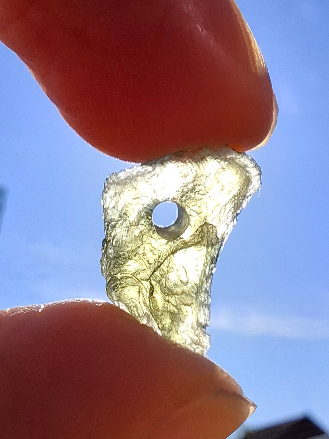 DRILLED, Moldavite Piece, 0.75g, Tektite (Ref: D23)