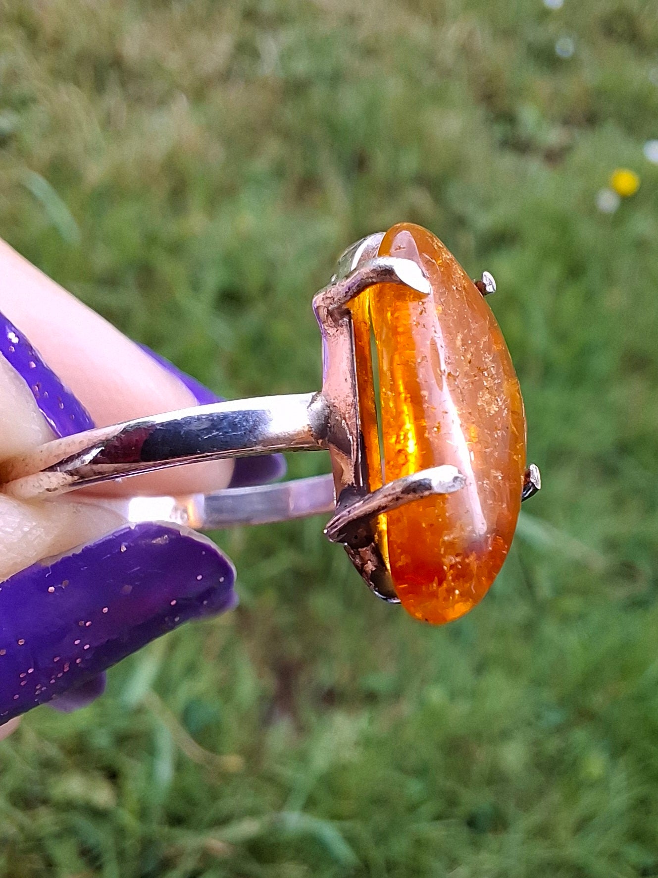 Baltic Amber Ring, size large T/small U, 925 Silver, Fossil (Ref: AR19)