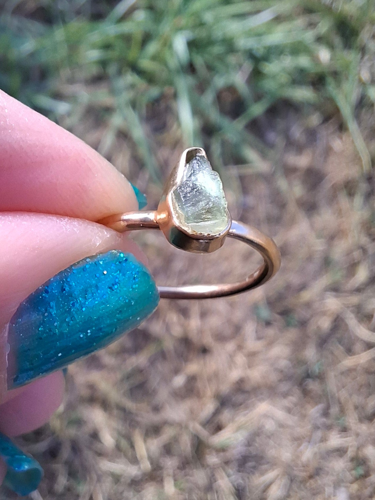 Moldavite Ring, 14K GOLD Plated, size large J, Tektite (Ref: R338)
