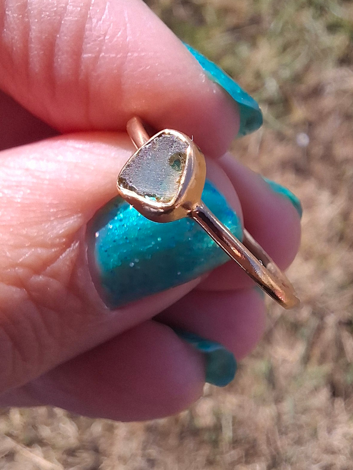 Moldavite Ring,14K GOLD Plated, size large O, Tektite (Ref: R344)
