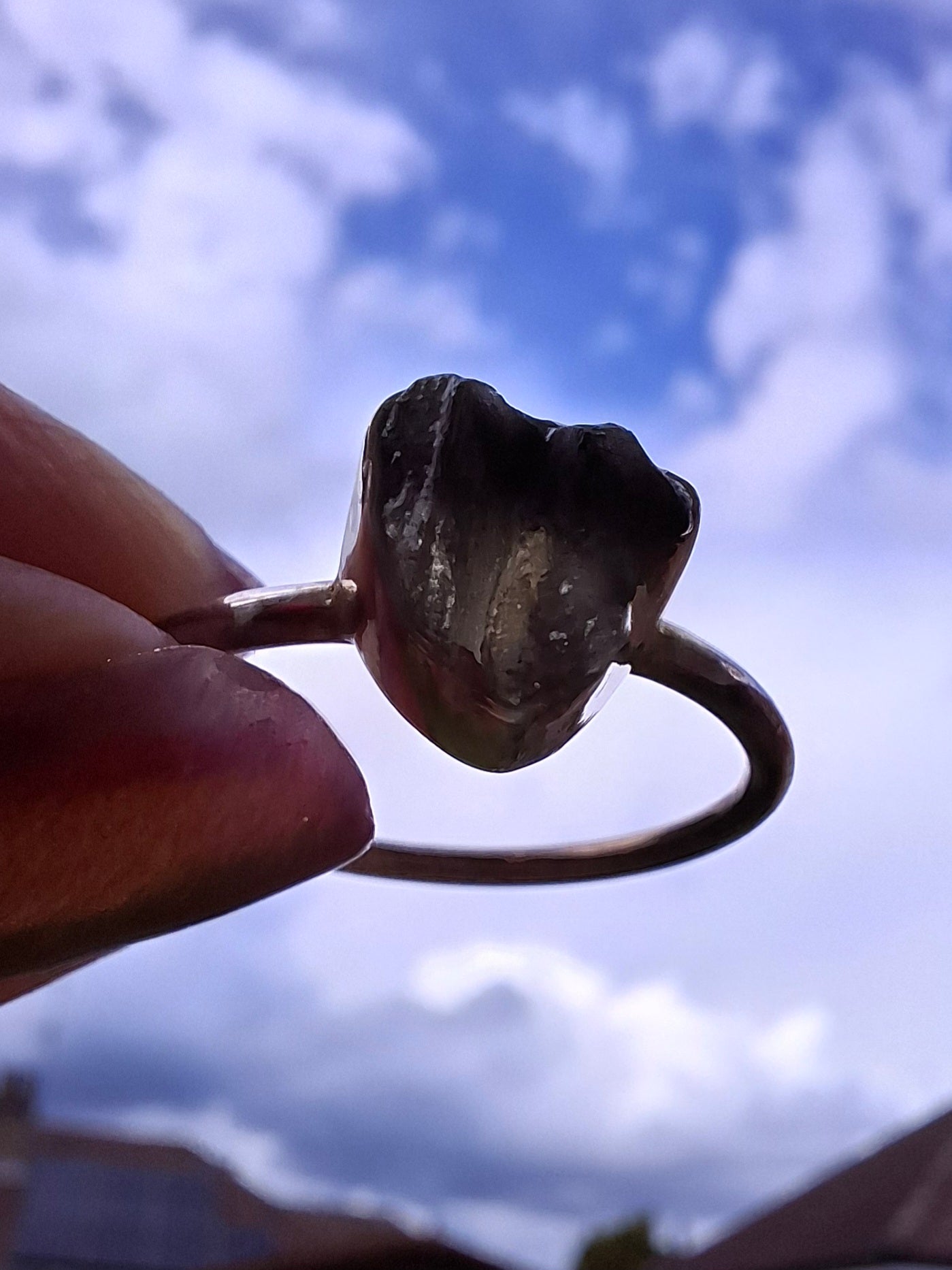 Moldavite Ring, size small X, 925 Silver, Tektite (Ref: R33)