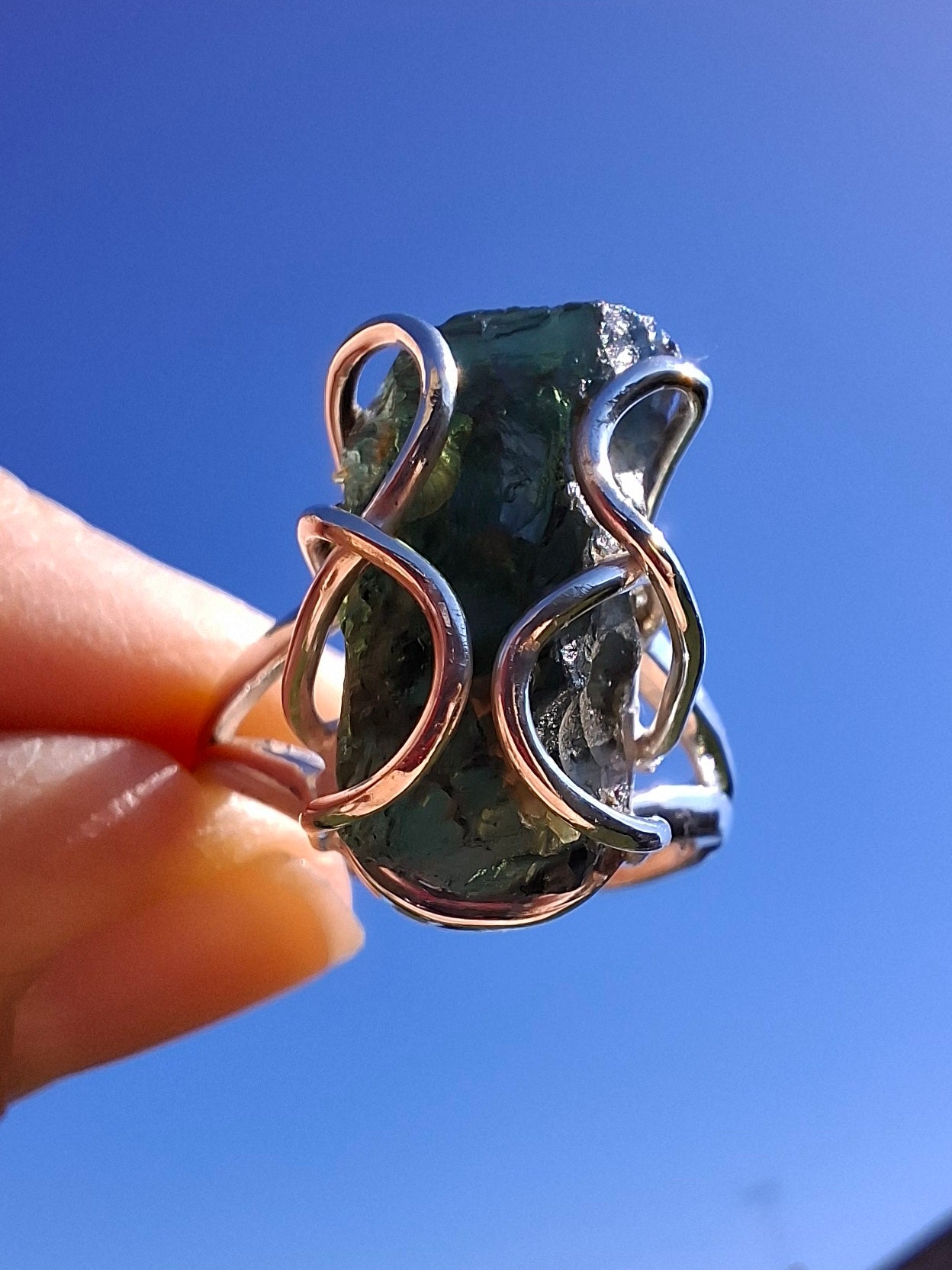 Moldavite Ring, size O, 925 Silver, Tektite (Ref: R9)