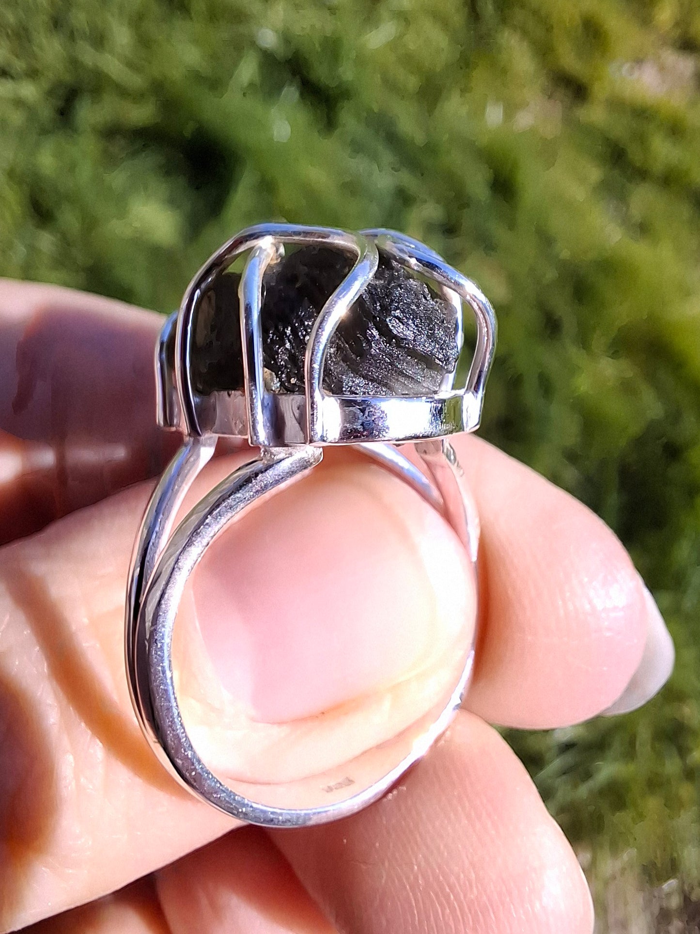 Moldavite Ring, size S, 925 Silver, Tektite (Ref: R12)