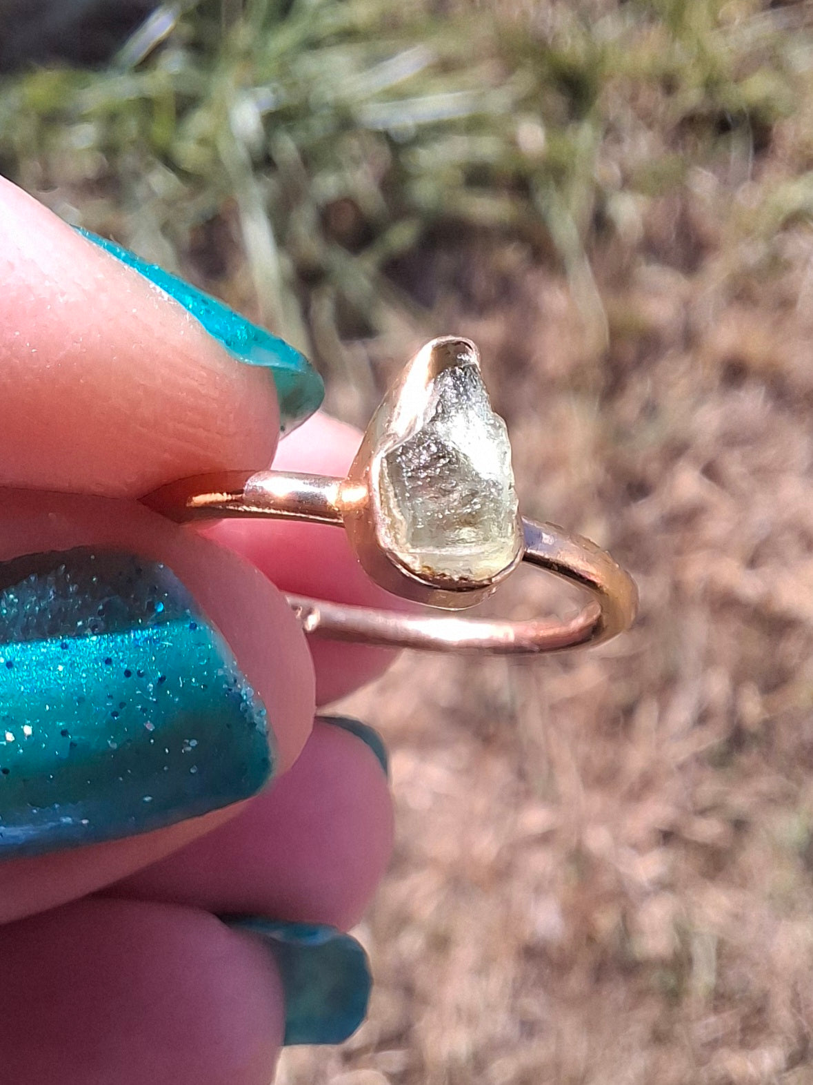 Moldavite Ring, 14K GOLD Plated, size large J, Tektite (Ref: R338)