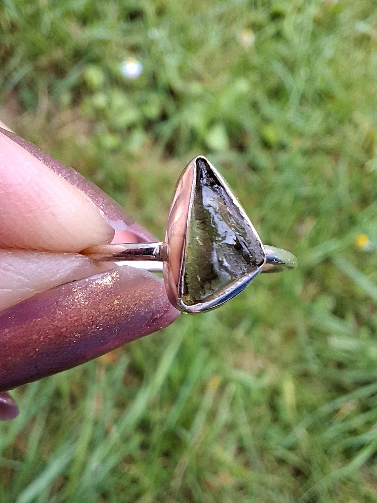 Moldavite Ring, size large K/small L, 925 Silver, Tektite (Ref: R57)