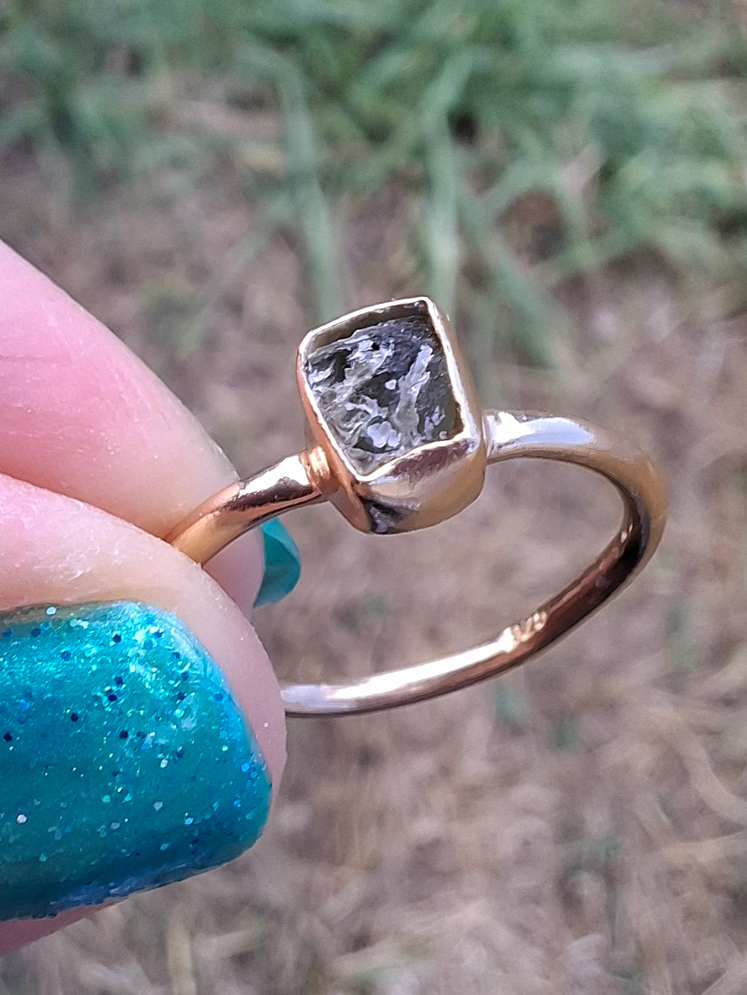 Moldavite Ring, 14K GOLD Plated, size small i, Tektite (Ref: R333)