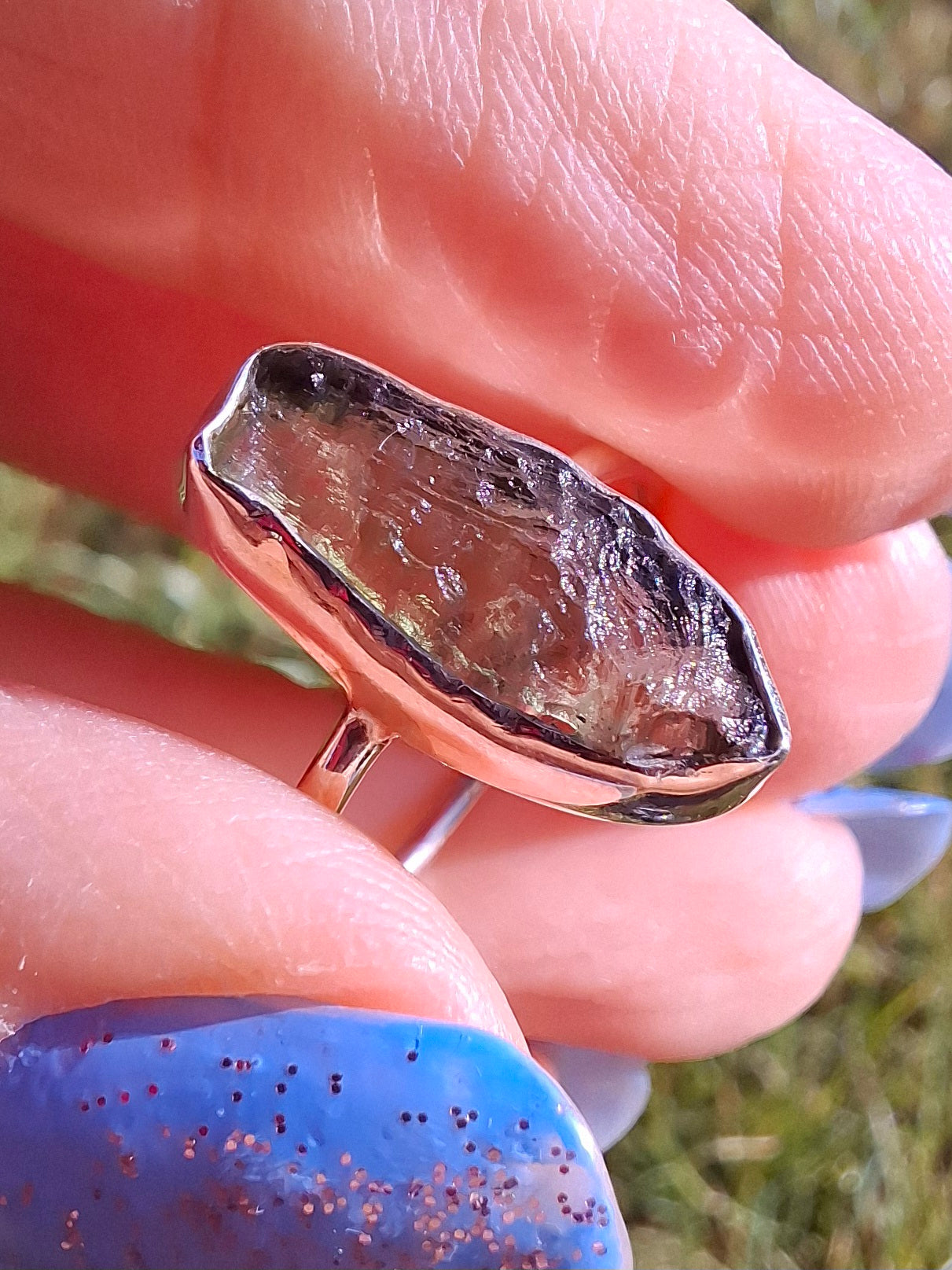 Moldavite Ring, size large R, 925 Silver, Tektite (Ref: R27)
