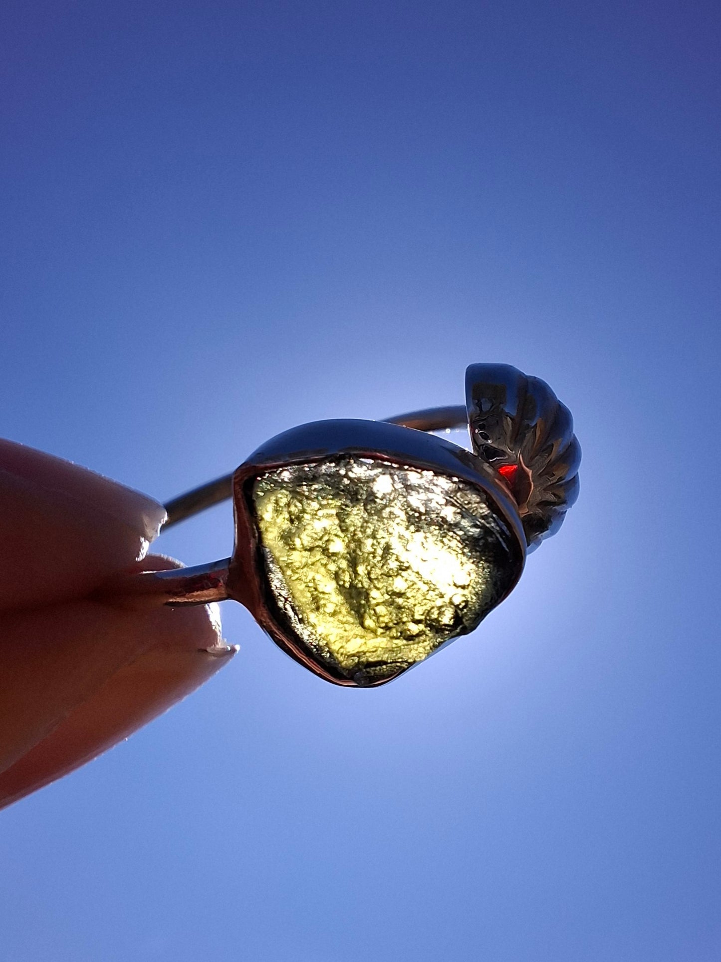 Moldavite ADJUSTABLE Ring, size large V/small W, 925 Silver, Tektite (Ref: AR51)
