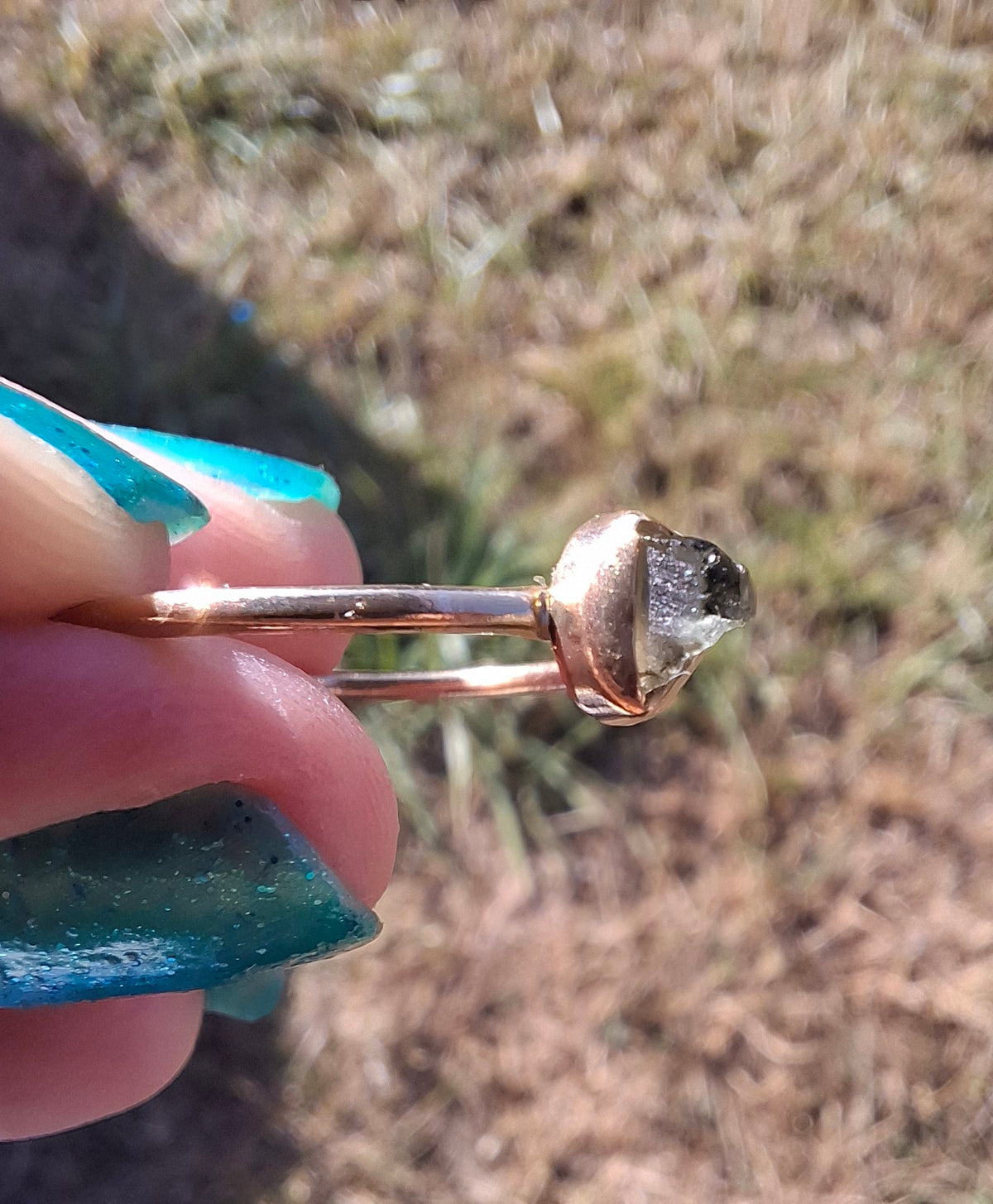 Moldavite Ring, 14K GOLD Plated, size large S / small T, Tektite (Ref: R352)