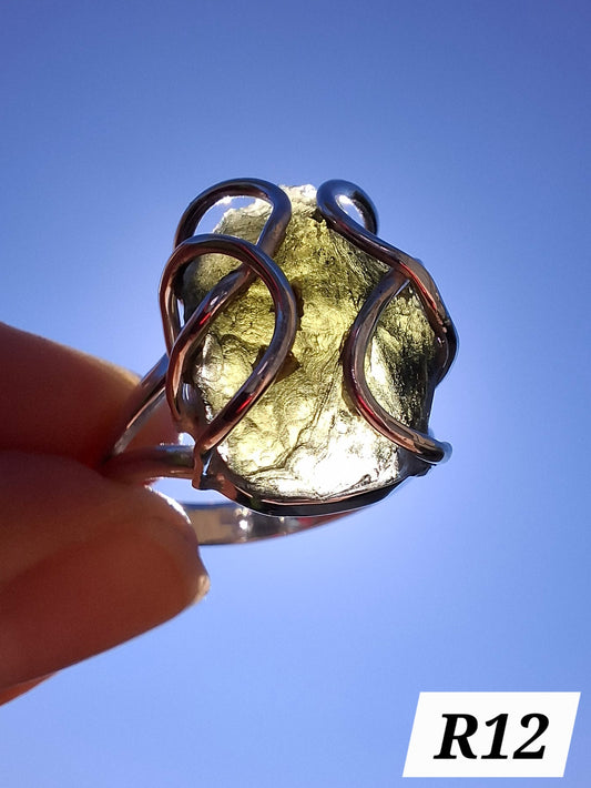 Moldavite Ring, size S, 925 Silver, Tektite (Ref: R12)