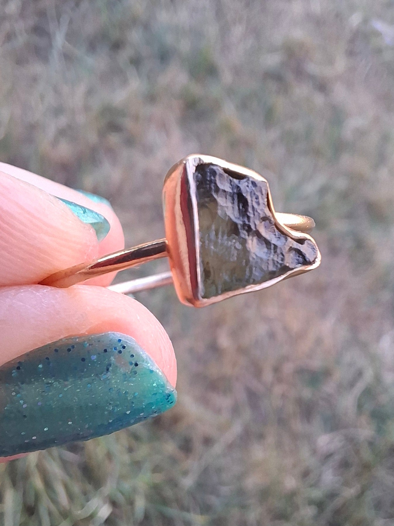 Moldavite Ring, 14K GOLD Plated, size large U, Tektite (Ref: R351)
