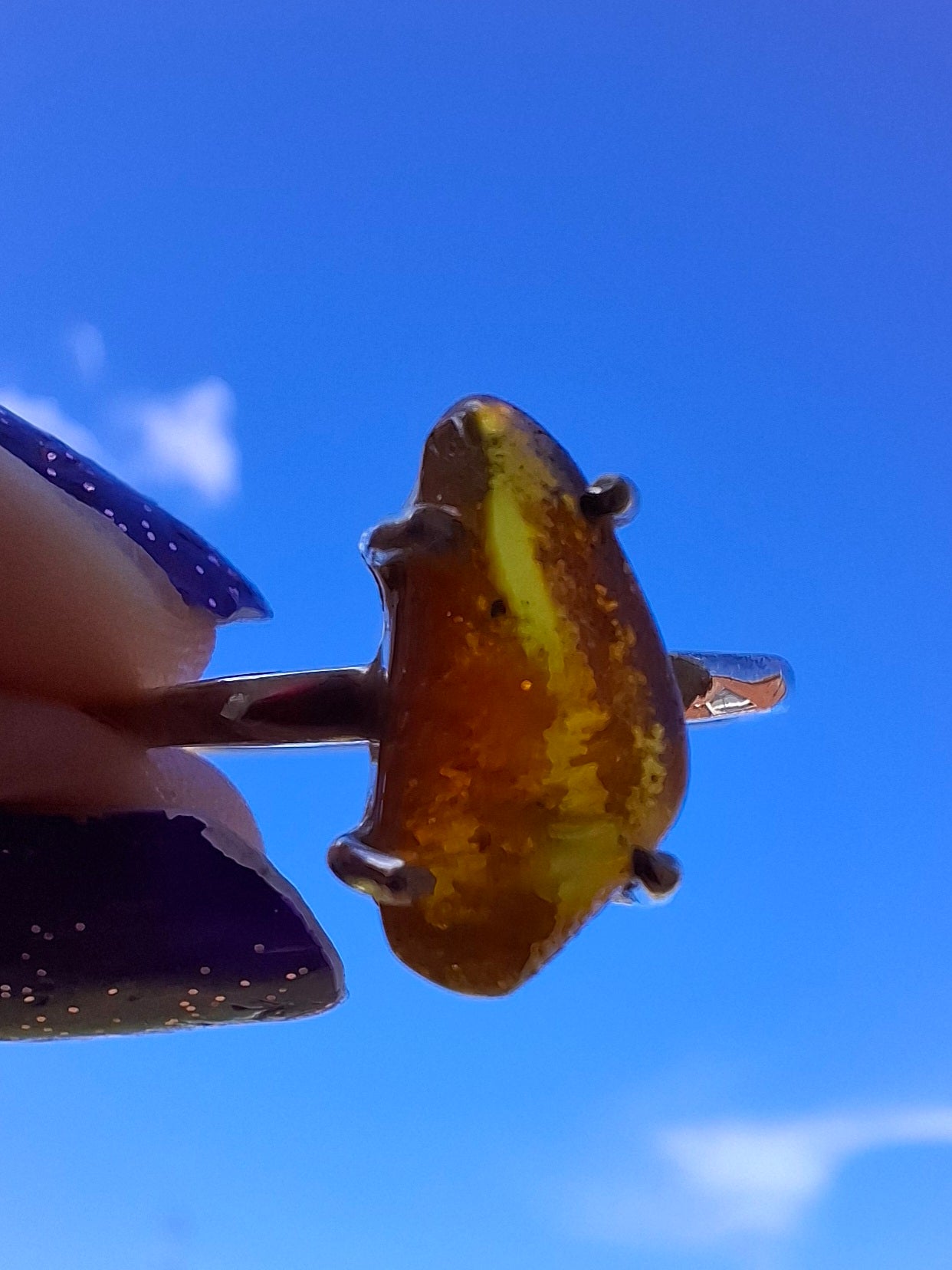 Baltic Amber Ring, size large V, 925 Silver, Fossil (Ref: AR26)