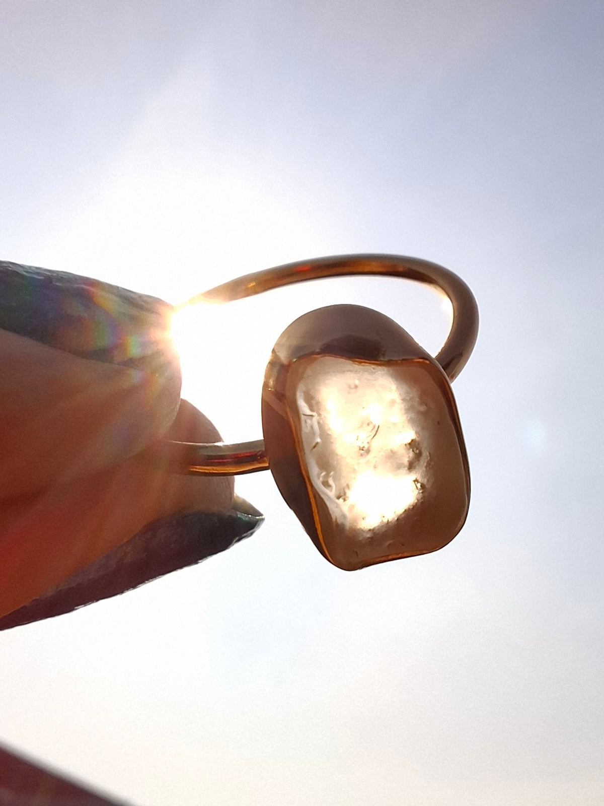Libyan Desert Glass Ring, 14K GOLD Plated, size large Q, Tektite (Ref: LR64)