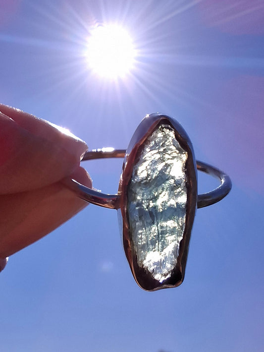 Moldavite Ring, size large R, 925 Silver, Tektite (Ref: R27)