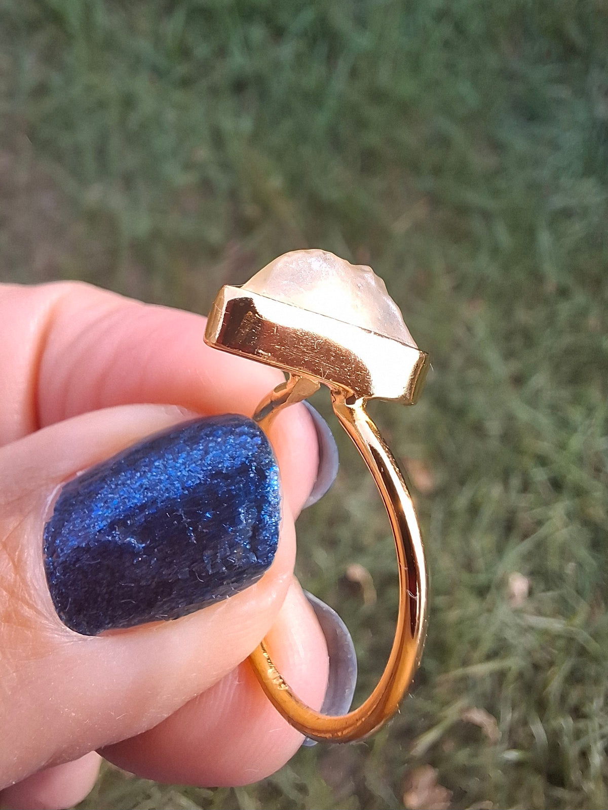 Libyan Desert Glass Ring, 14K GOLD Plated, size small O, Tektite (Ref: LR81)
