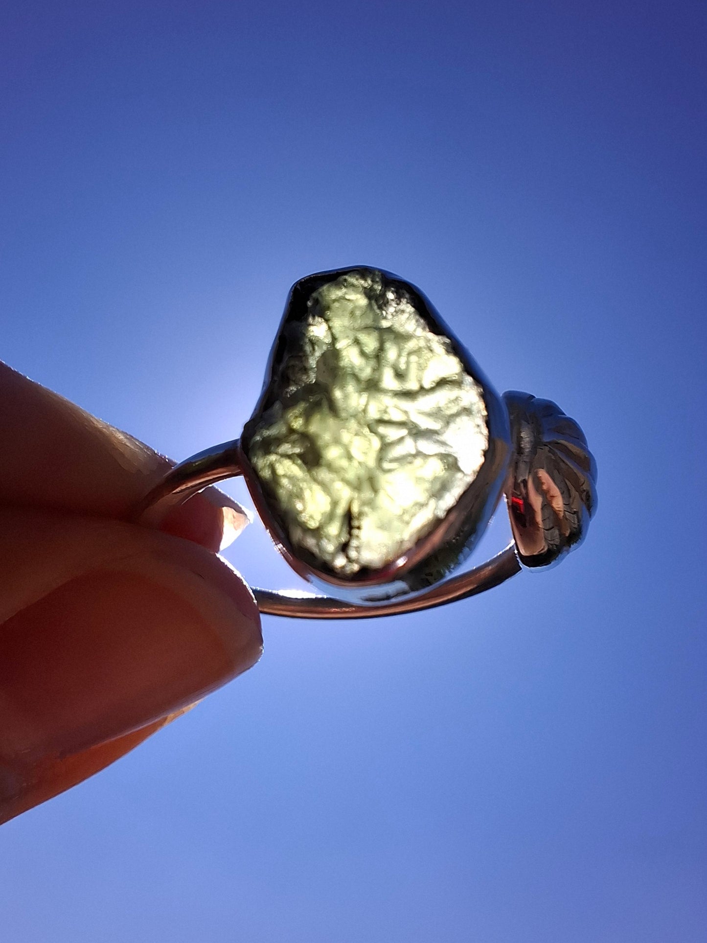 Moldavite ADJUSTABLE Ring, size large R, 925 Silver, Tektite (Ref: AR49)