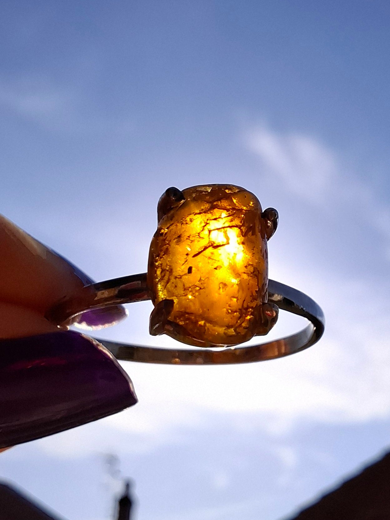 Baltic Amber Ring, size large W, 925 Silver, Fossil (Ref: AR28)