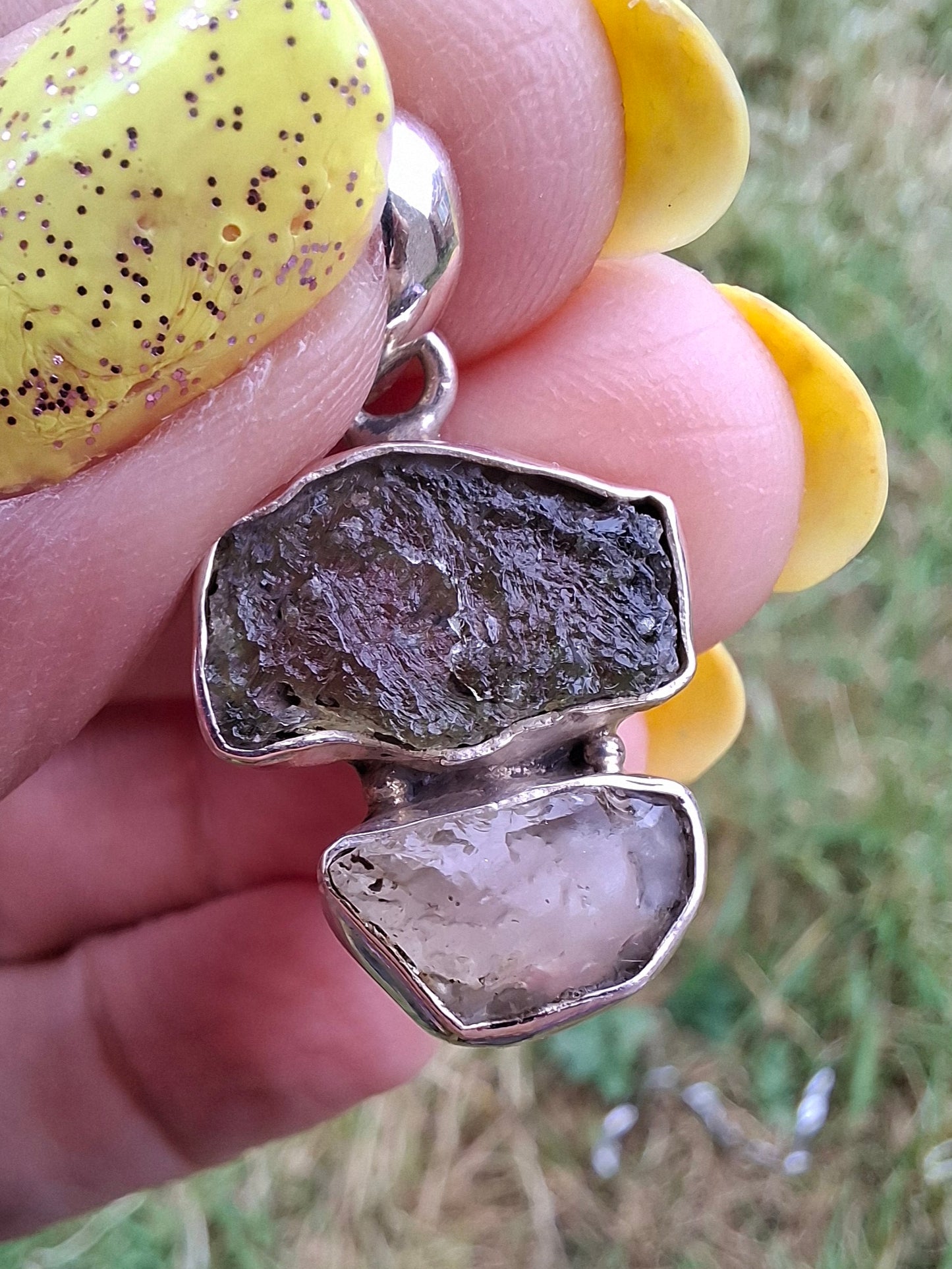 Moldavite & Libyan Desert Glass Pendant, 925 Silver, Tektite (Ref: MLP2)