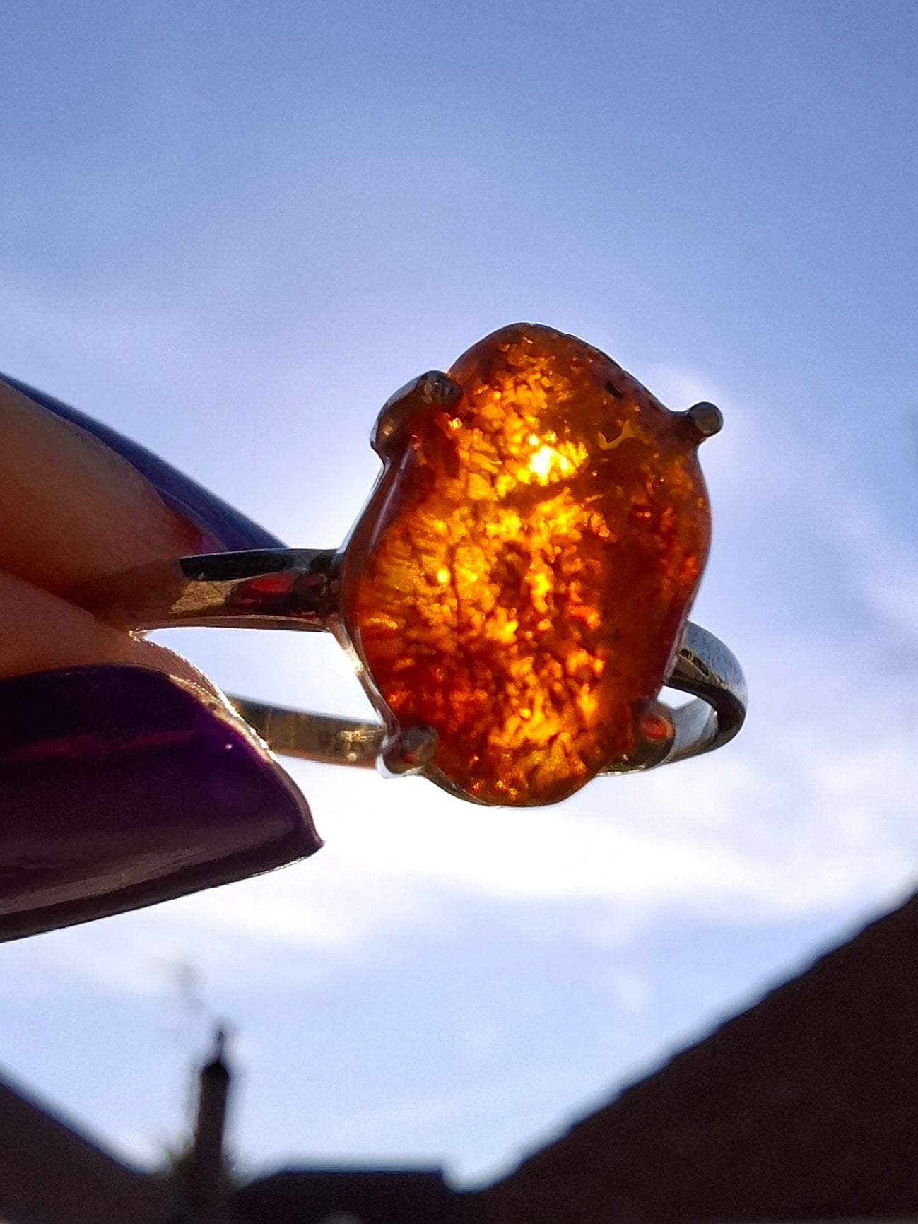 Baltic Amber Ring, size large X, 925 Silver, Fossil (Ref: AR32)