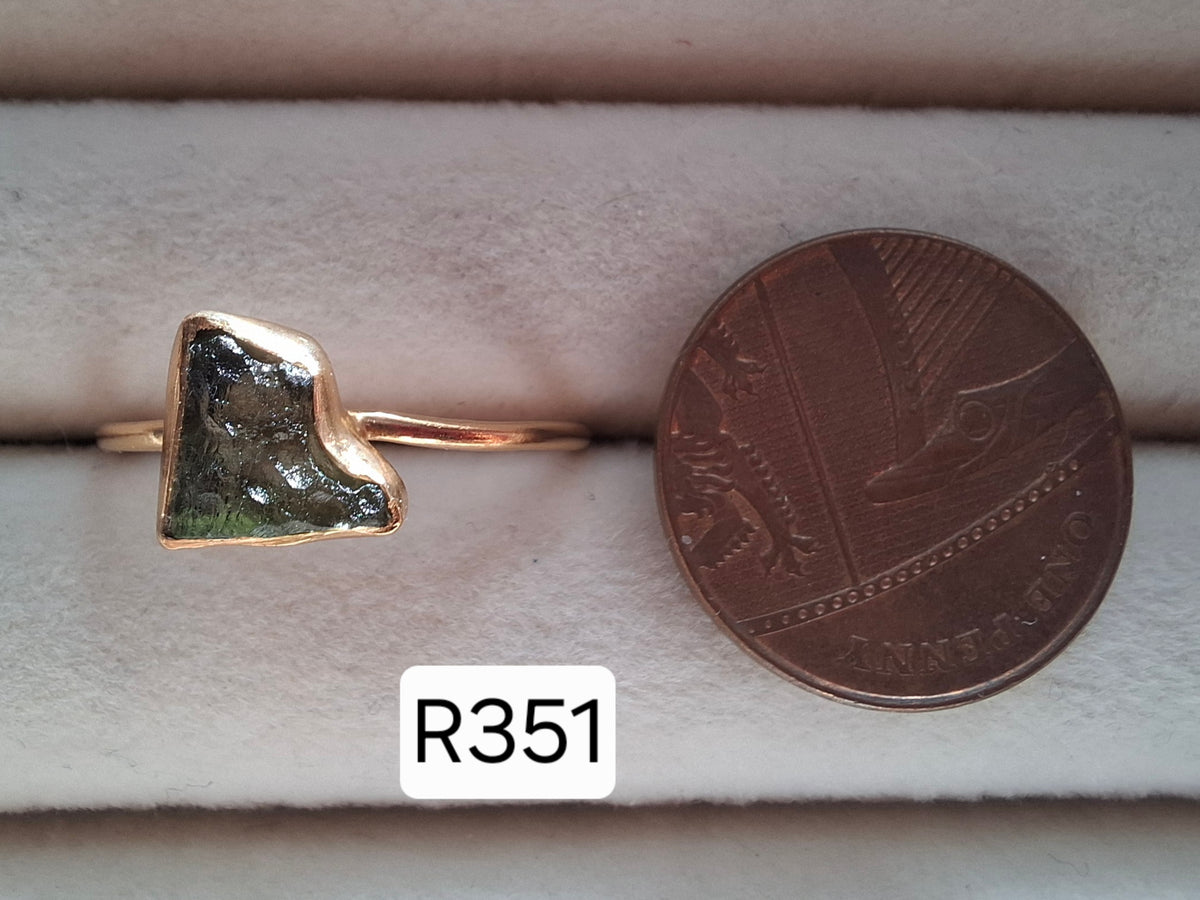 Moldavite Ring, 14K GOLD Plated, size large U, Tektite (Ref: R351)