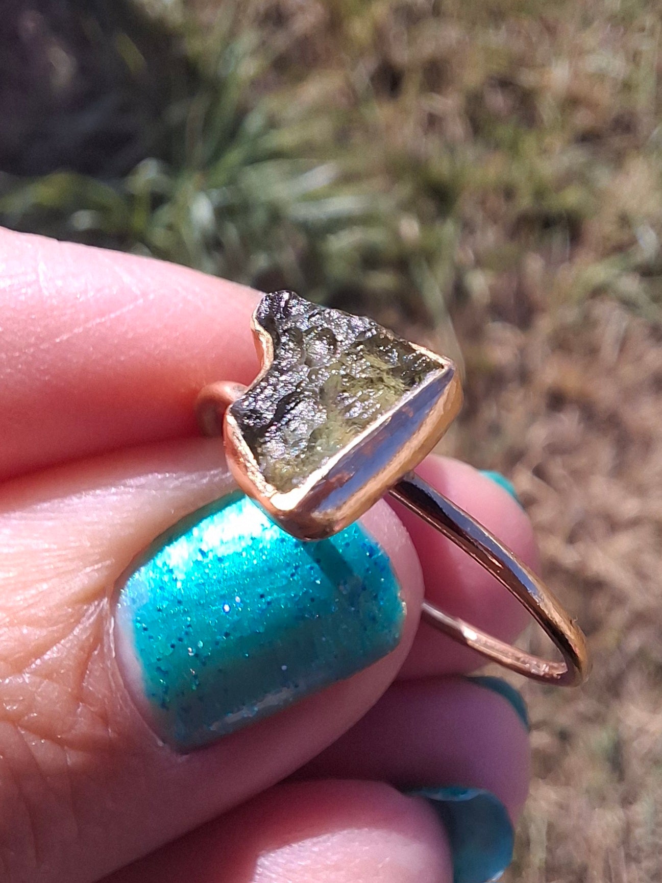 Moldavite Ring, 14K GOLD Plated, size large U, Tektite (Ref: R351)
