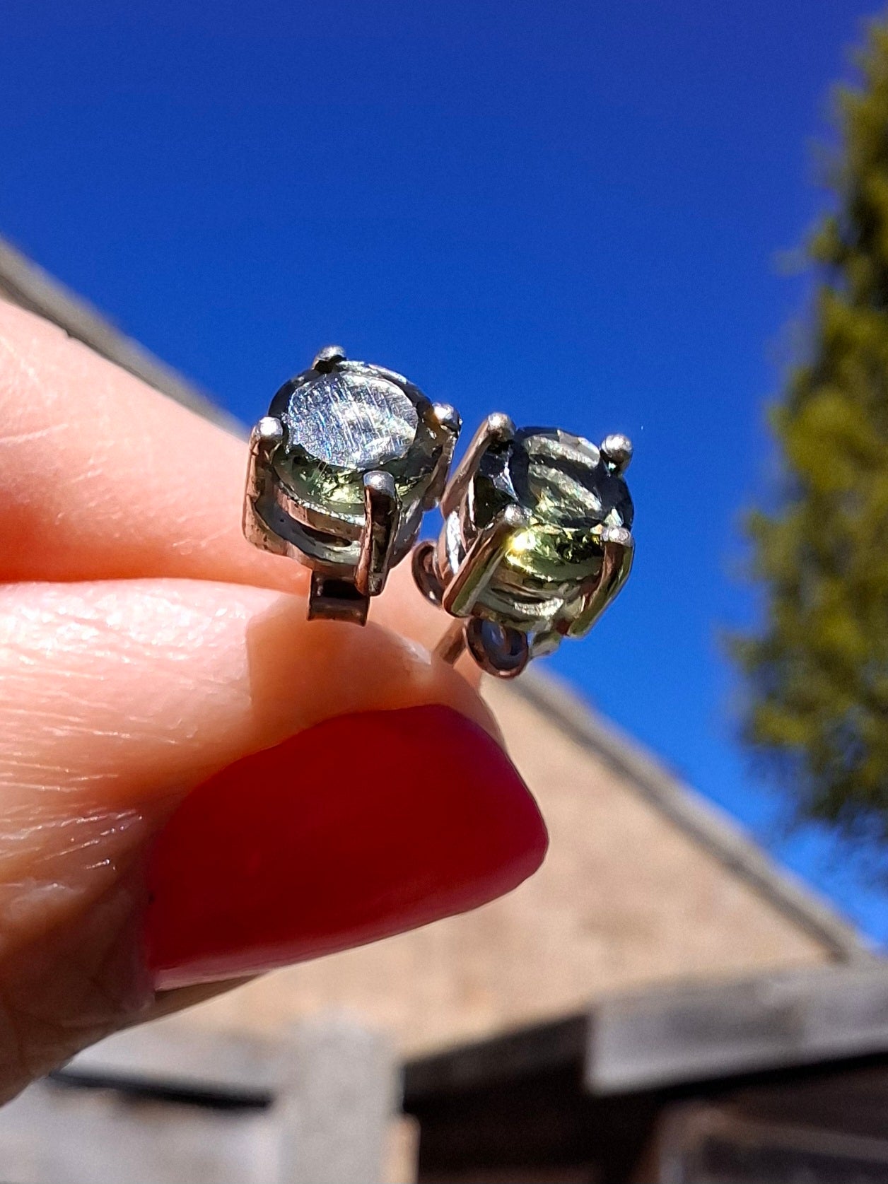 Moldavite (faceted), 5mm STUD EARRINGS, 925 Silver, Tektite (Ref: Pair52)