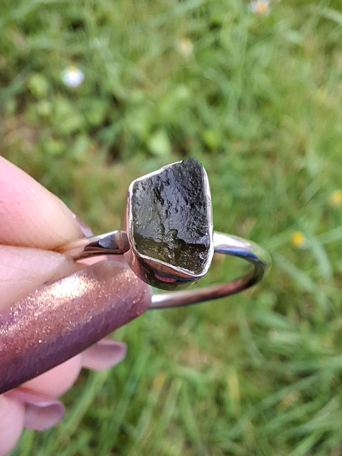 Moldavite Ring, size small W, 925 Silver, Tektite (Ref: R59)