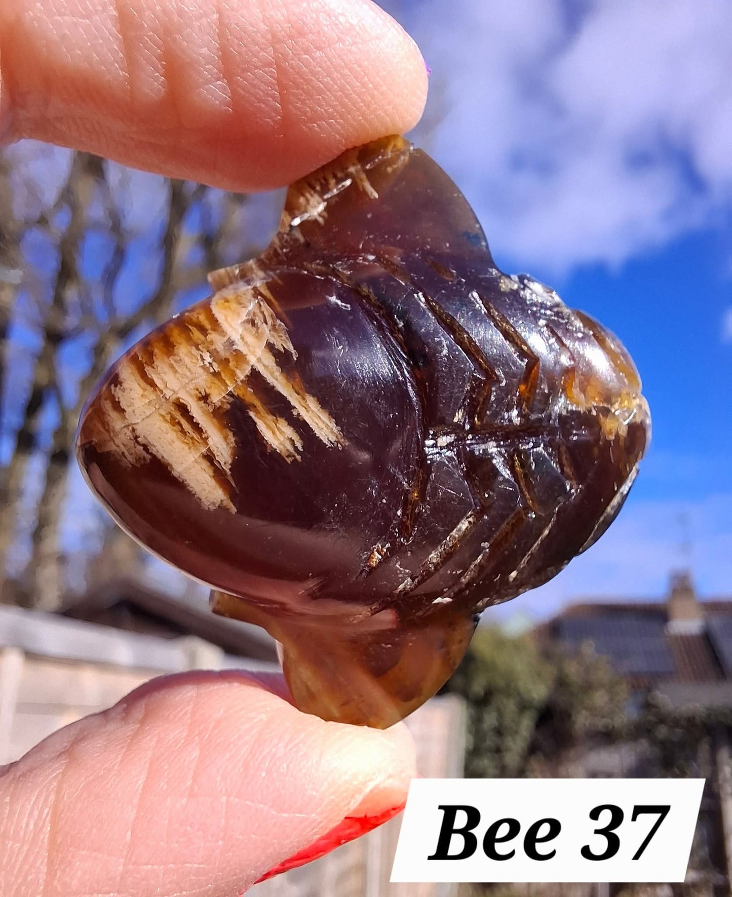 Red Amber Honey Bee Carving, 7.47g, Fossil (Ref: Bee37)