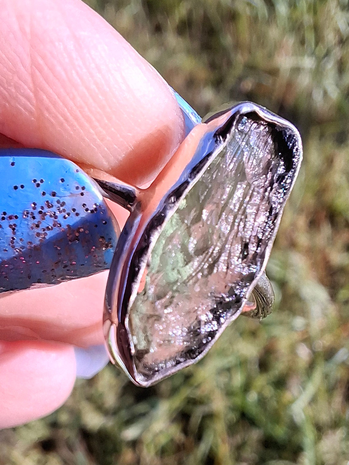 Moldavite Ring, size large R, 925 Silver, Tektite (Ref: R27)