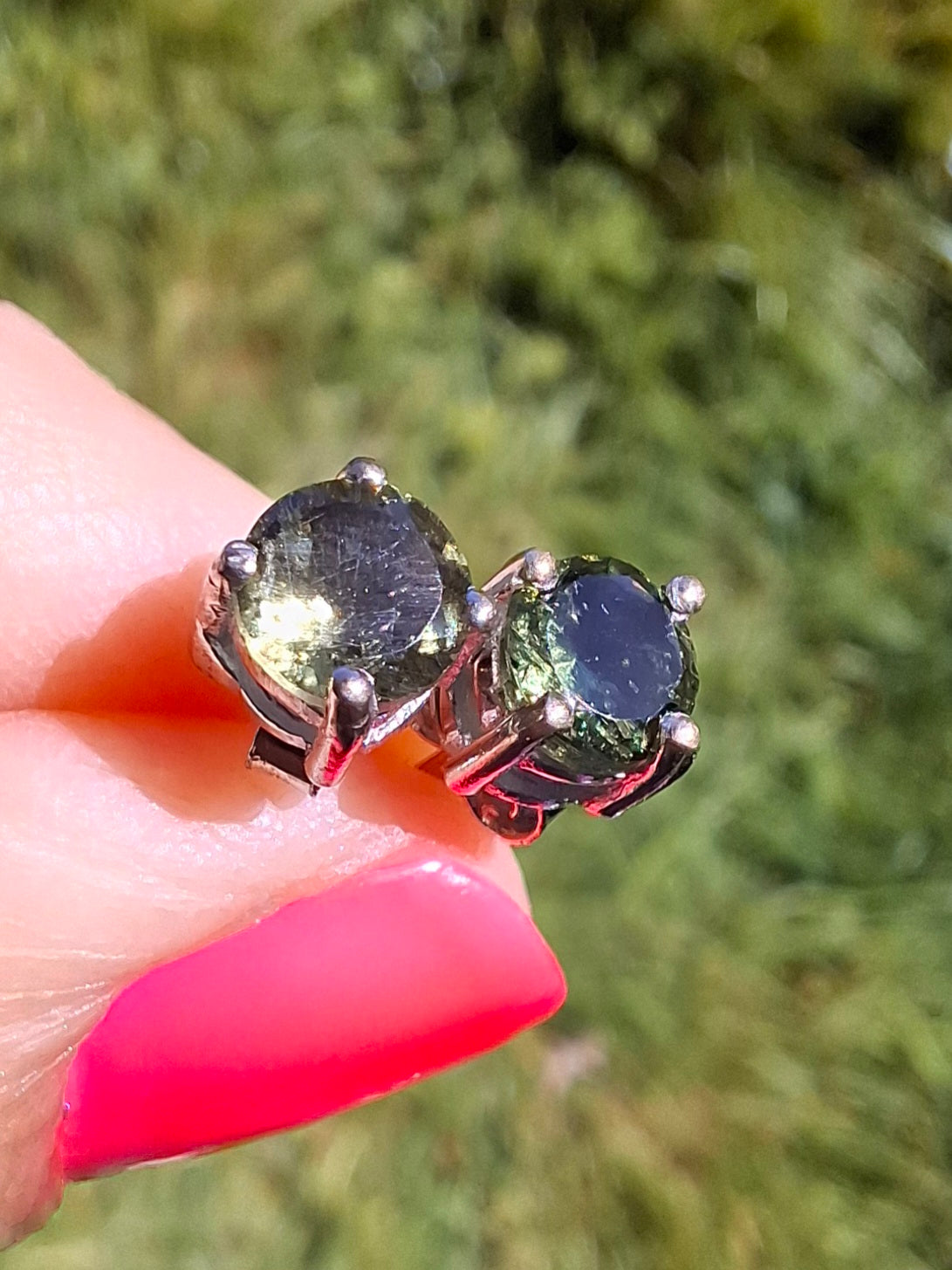Moldavite (faceted), 5mm STUD EARRINGS, 925 Silver, Tektite (Ref: Pair52)