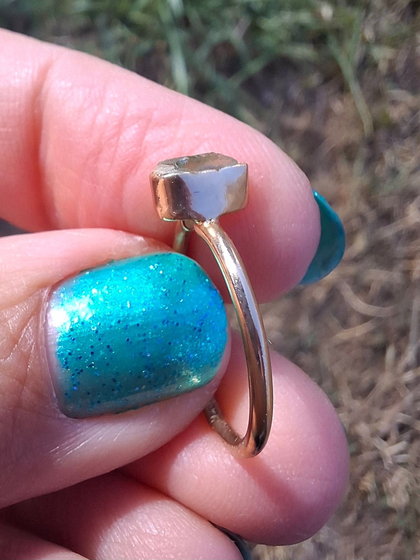 Moldavite Ring, 14K GOLD Plated, size large J, Tektite (Ref: R338)