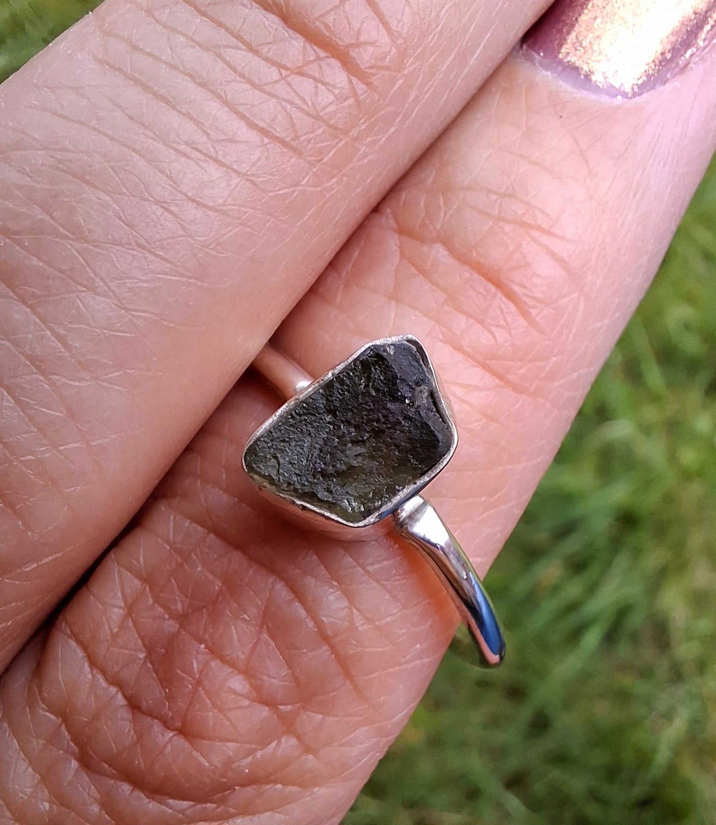 Moldavite Ring, size small W, 925 Silver, Tektite (Ref: R59)